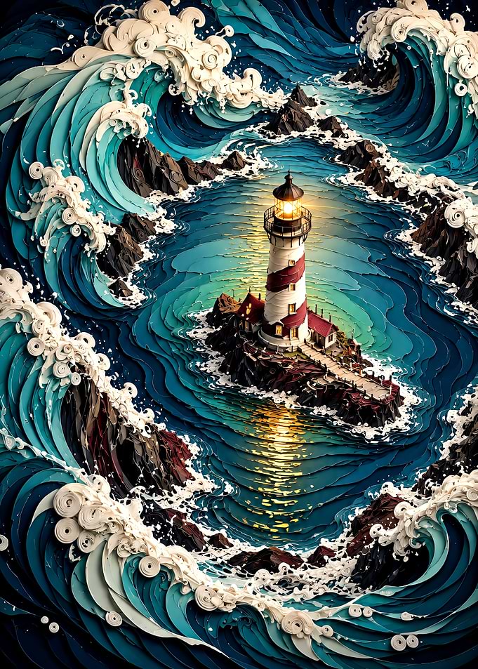 Lighthouse Amidst Swirling Ocean Waves