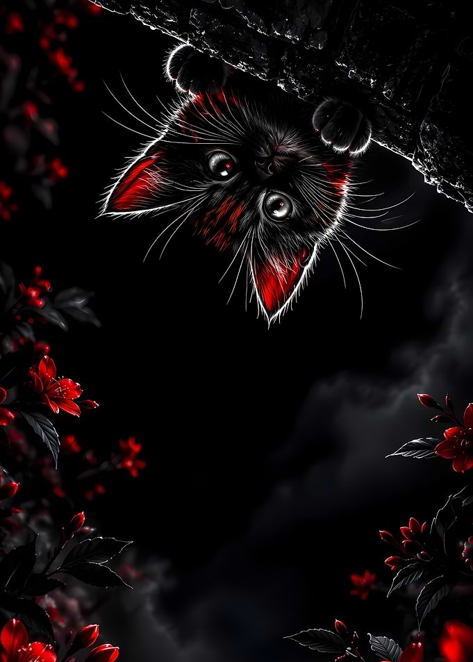 Black Kitten Peeking Through Red Flowers