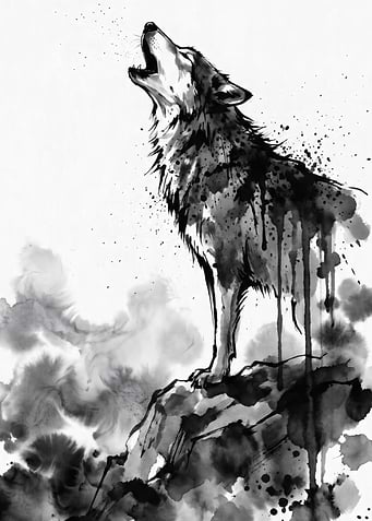 Howling Wolf Ink Wash Painting