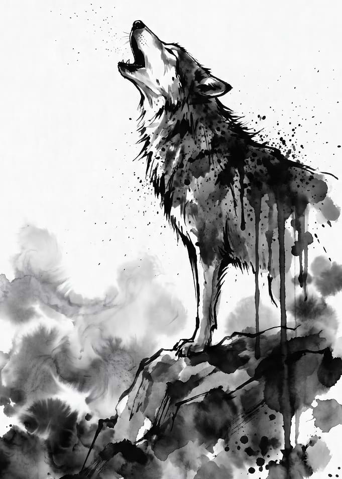 Howling Wolf Ink Wash Painting