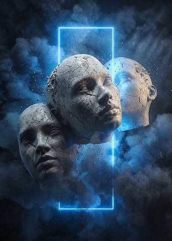 Surreal Stone Faces Blue Neon Art