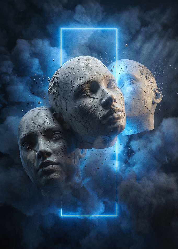 Surreal Stone Faces Blue Neon Art