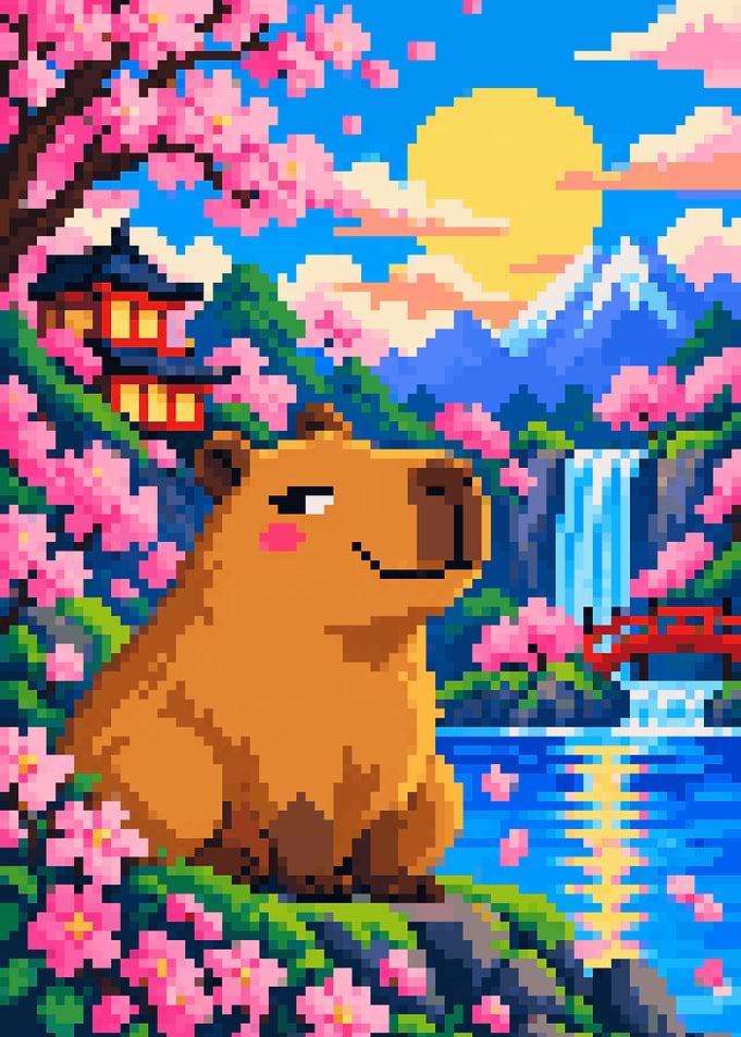 Capybara in Japanese Garden with Red Blossoms Pixel Art