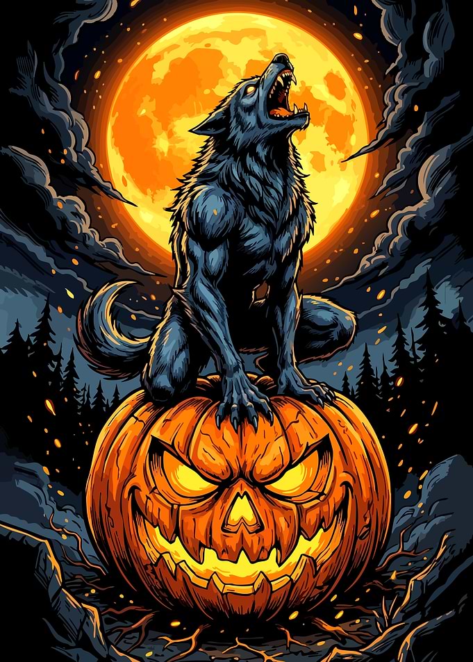 Werewolf Howling on Halloween Pumpkin