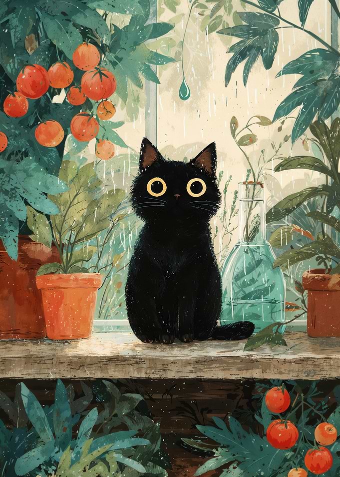 Black Cat Sitting In Cozy Greenhouse Garden