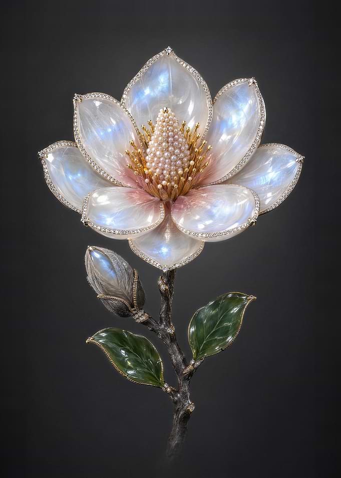 Exquisite Jeweled White Magnolia Flower in Moonstone and Pearls