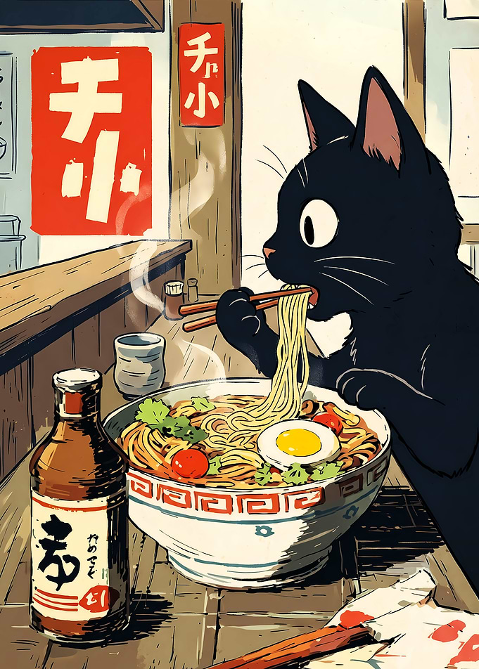Black Cat Eating Ramen Illustration