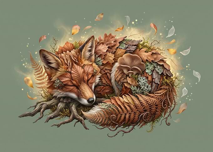 Sleeping Forest Fox Made of Leaves