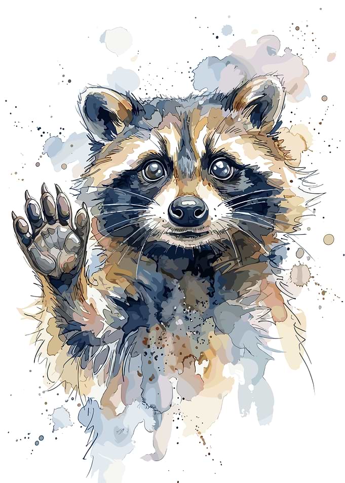 Watercolor Raccoon Waving Hello