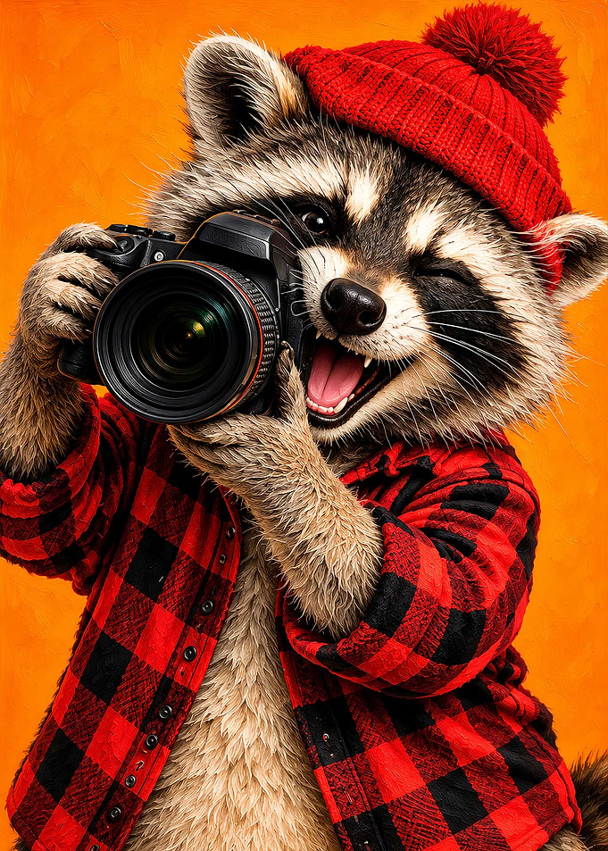 Raccoon Photographer in Red Plaid