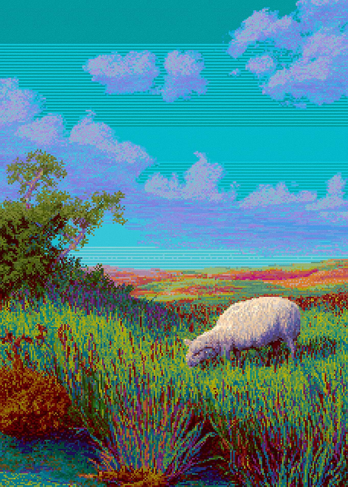 Pixel Art Sheep Grazing in Meadow