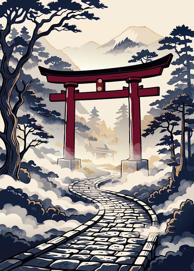 Crimson Torii – Path Through the Morning Mist