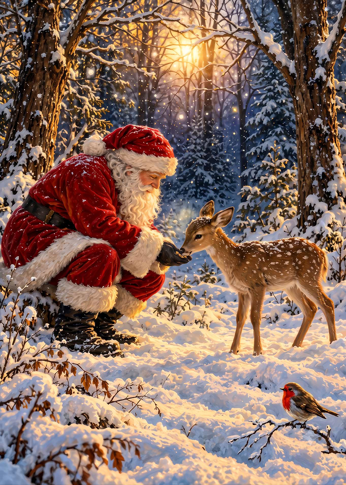 Santa Claus Feeding a Fawn