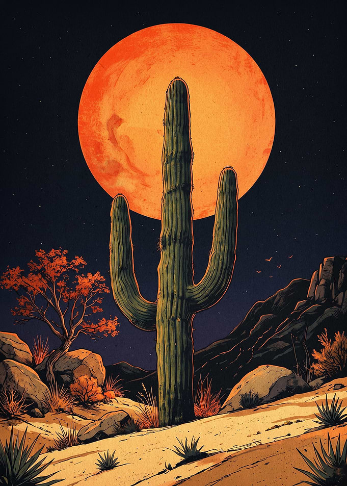 Desert Cactus Moon Trippy Art