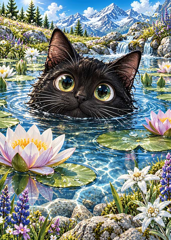 Cute Black Cat in Mountain Pond
