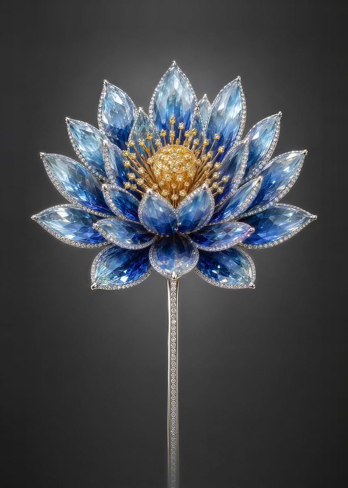 Exquisite Jeweled Blue Lotus Flower in Sapphire and Diamons
