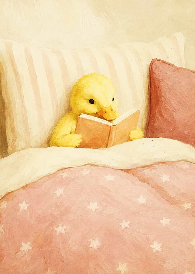 Cute Duckling Reading in Bed