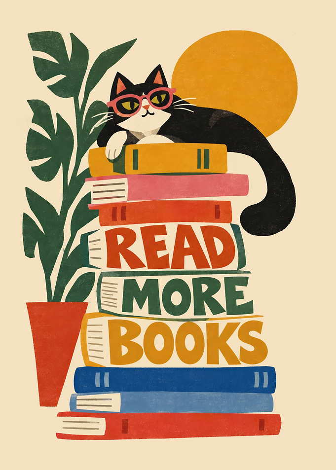 Cat Reading Books Illustration