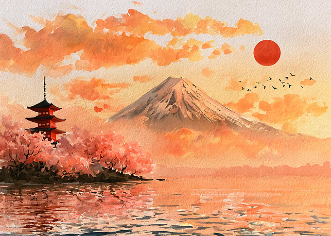Mount Fuji and Pagoda Sunset Painting