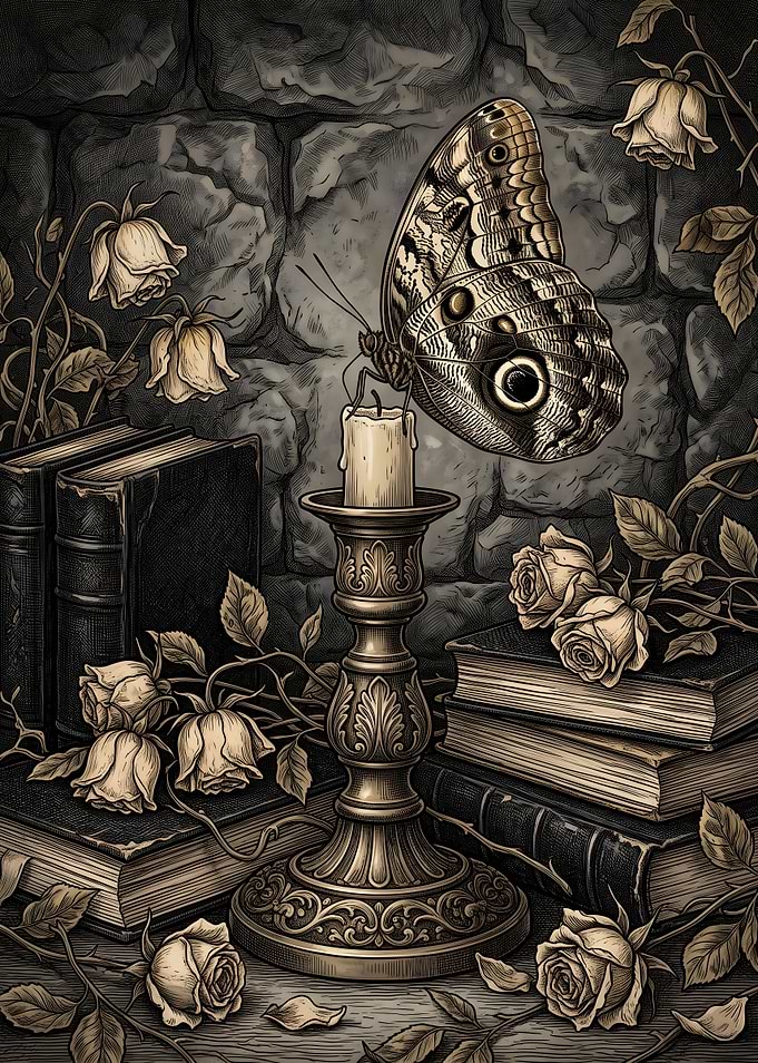 Gothic Butterfly and Candle Still Life