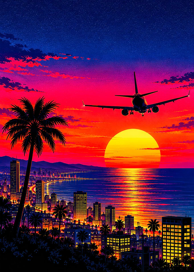 Vibrant Sunset Cityscape with Airplane