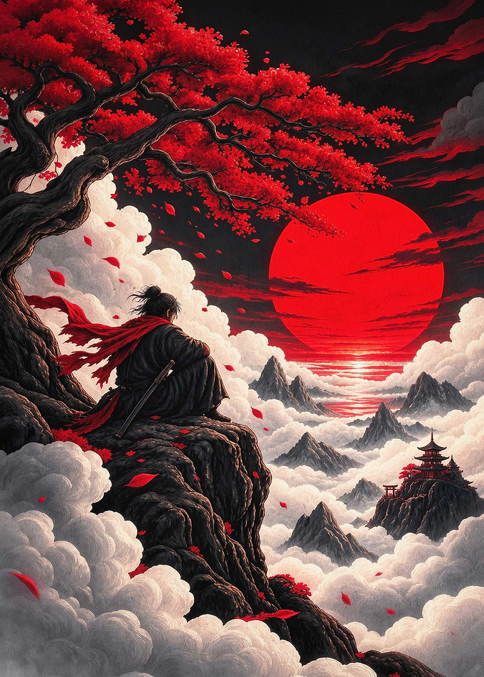 Samurai Red Tree Dark Fantasy Art