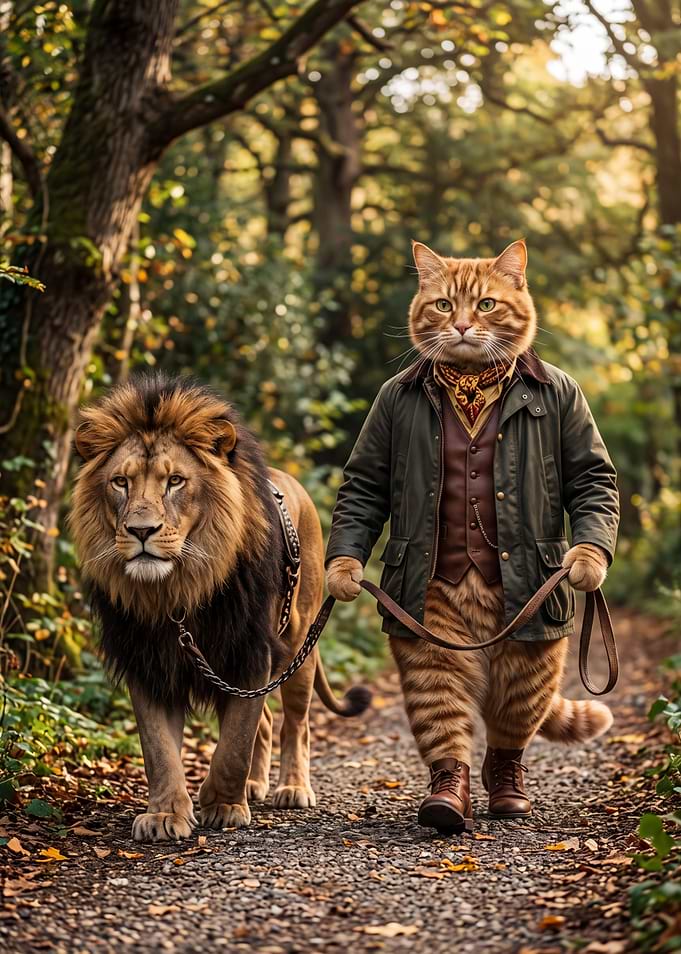 Dapper Cat Walking a Lion