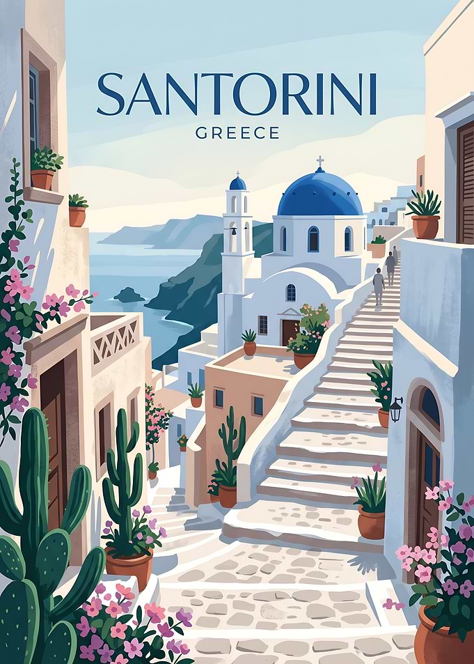 Santorini Greece Blue Dome Village Poster