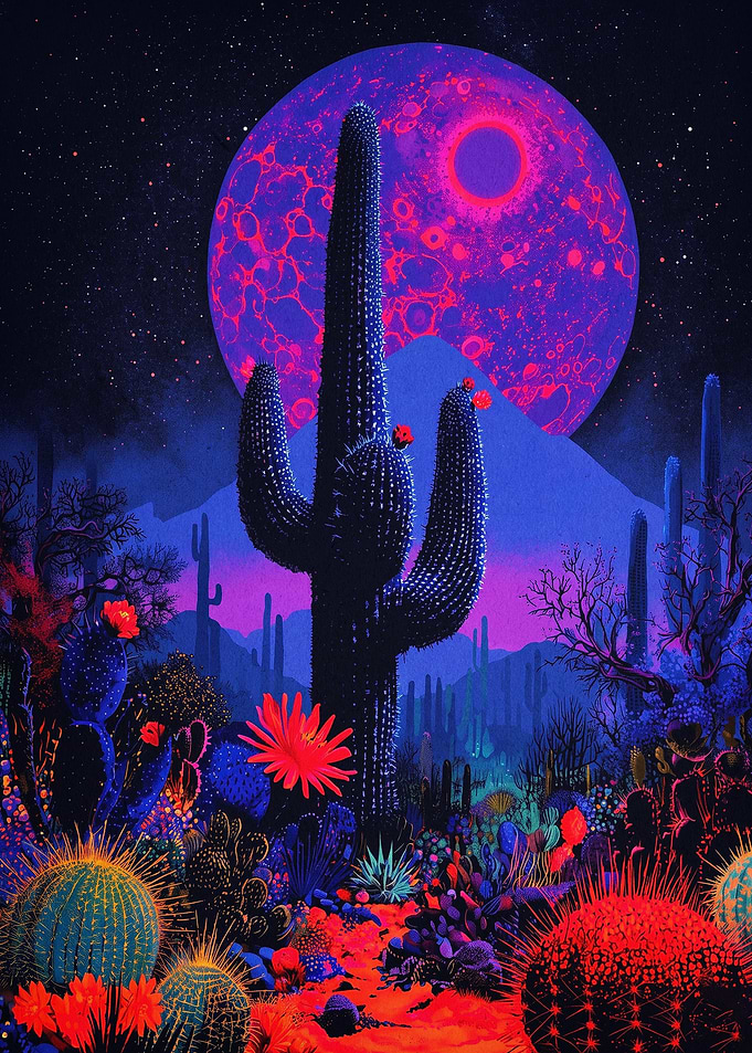 Neon Cactus Desert Trippy Art