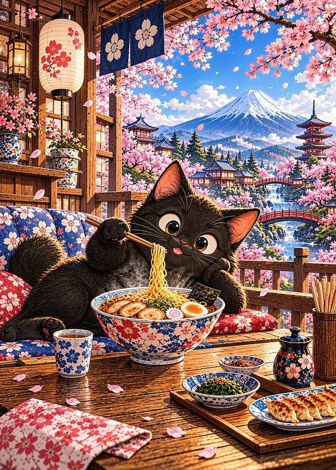 Cute Black Cat Eating Ramen