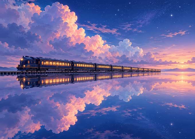 Train Traveling Over Water at Sunset