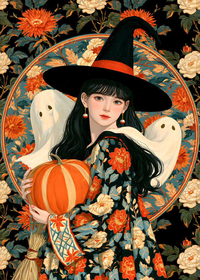 Floral Witch with Pumpkin and Ghosts