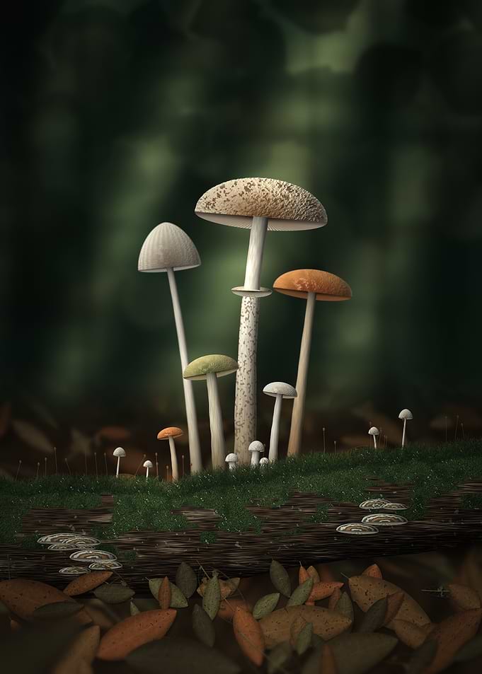 Diverse Mushrooms on Mossy Log