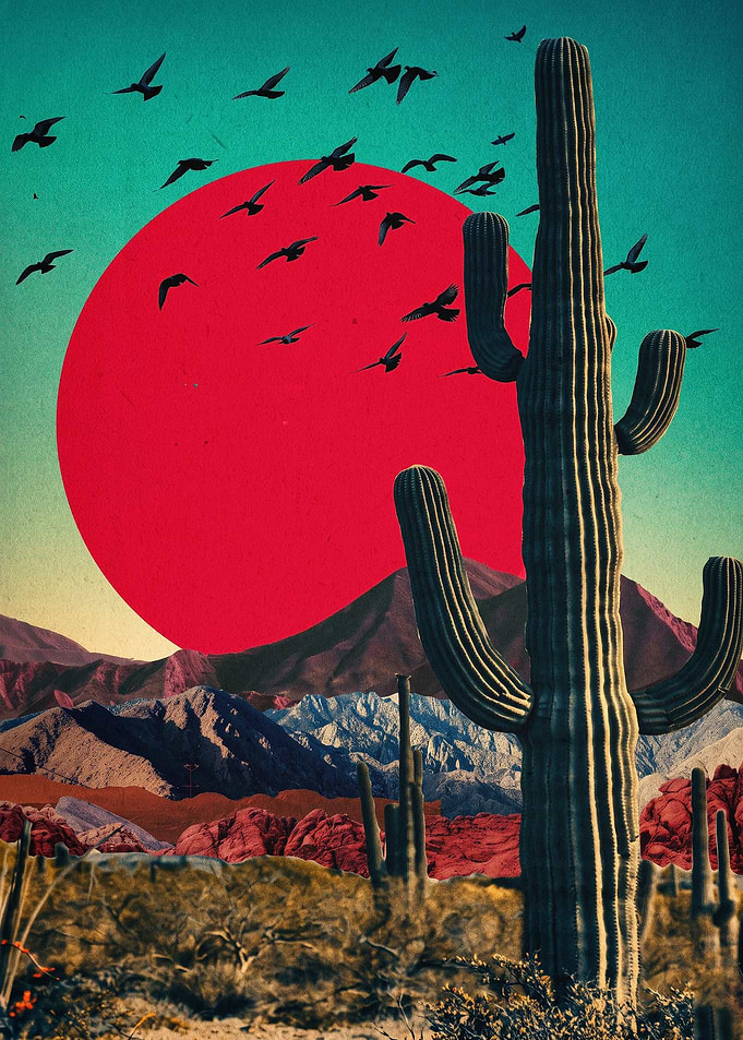 Desert Cactus Red Sun Surreal Art