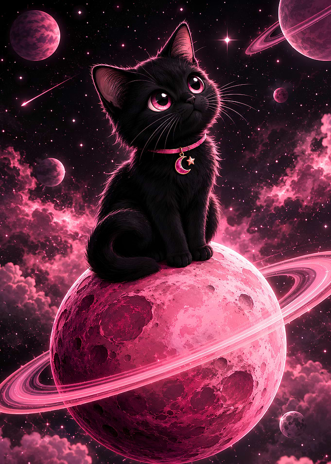 Black Kitten Sitting on Pink Planet