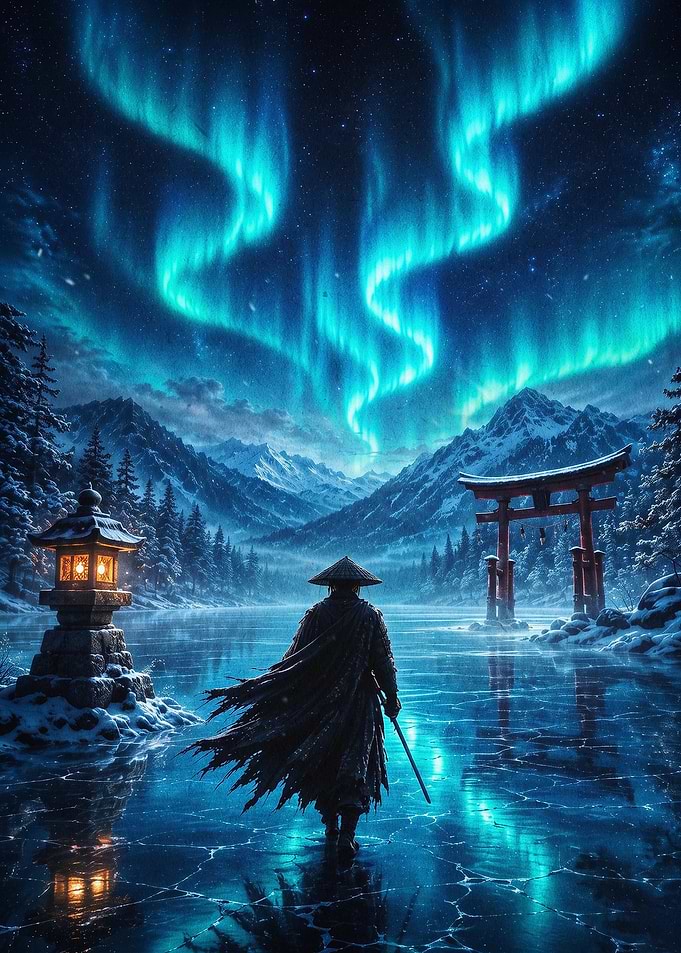 Samurai Aurora Night Japanese Art