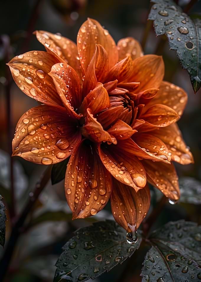 Dew-Covered Copper Dahlia Flower
