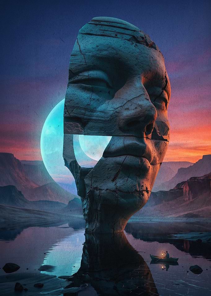 Surreal Stone Head Cosmic Poster