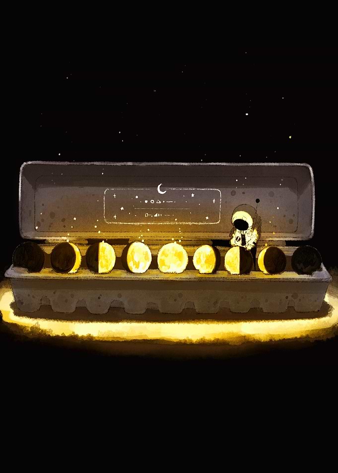 Astronaut Organizing Moon Phases in Carton