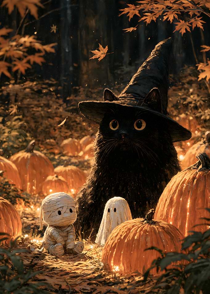 Cute Halloween Witch Black Cat Mummy and Ghost