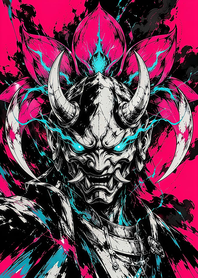 Cyan-Eyed Oni Mask in Pink Petals