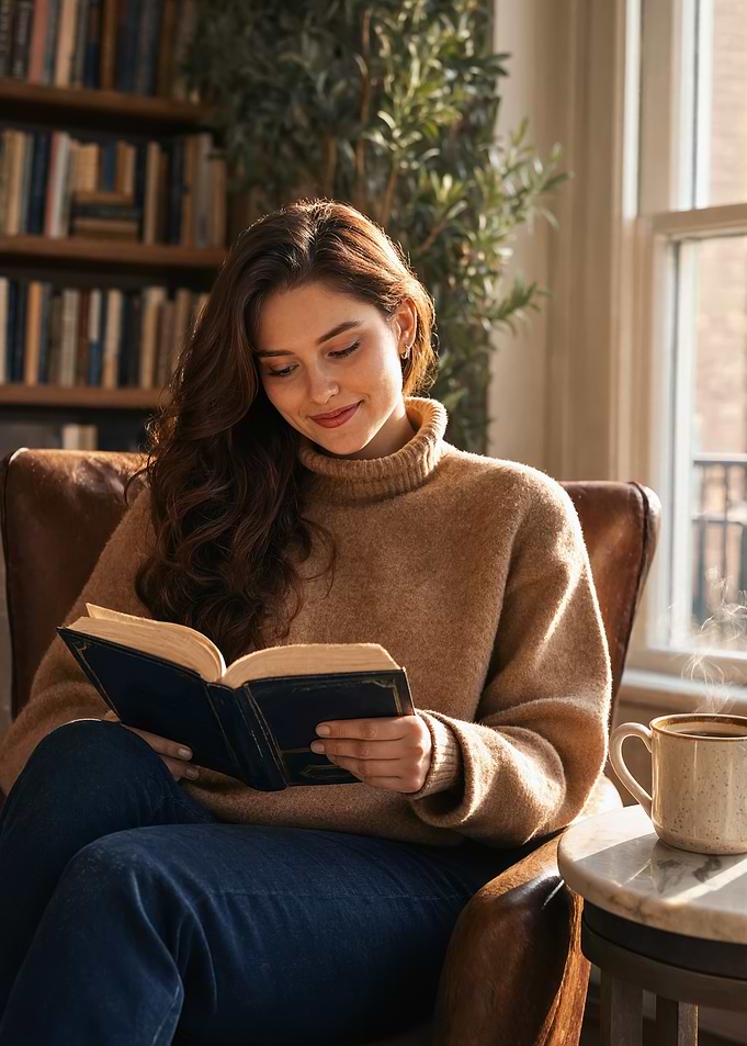 Woman Reading Book in Cozy Chair