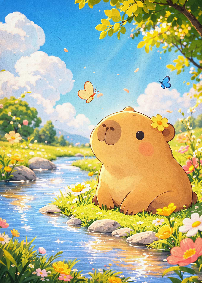 Capybara River Meadow Cute Anime Ar