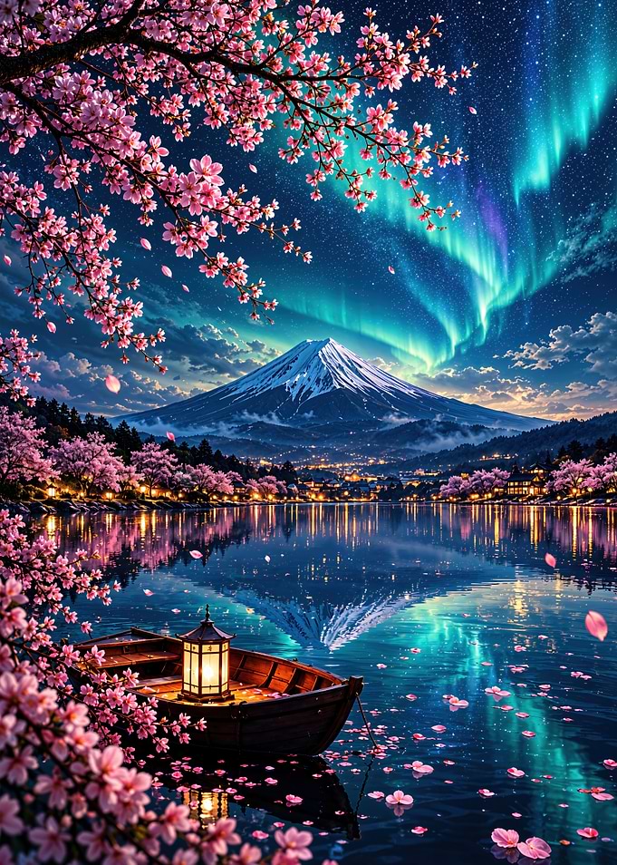 Mount Fuji Cherry Blossoms Aurora Night