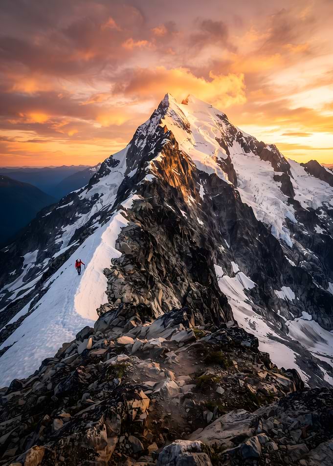 Climber on Snowy Mountain Ridge