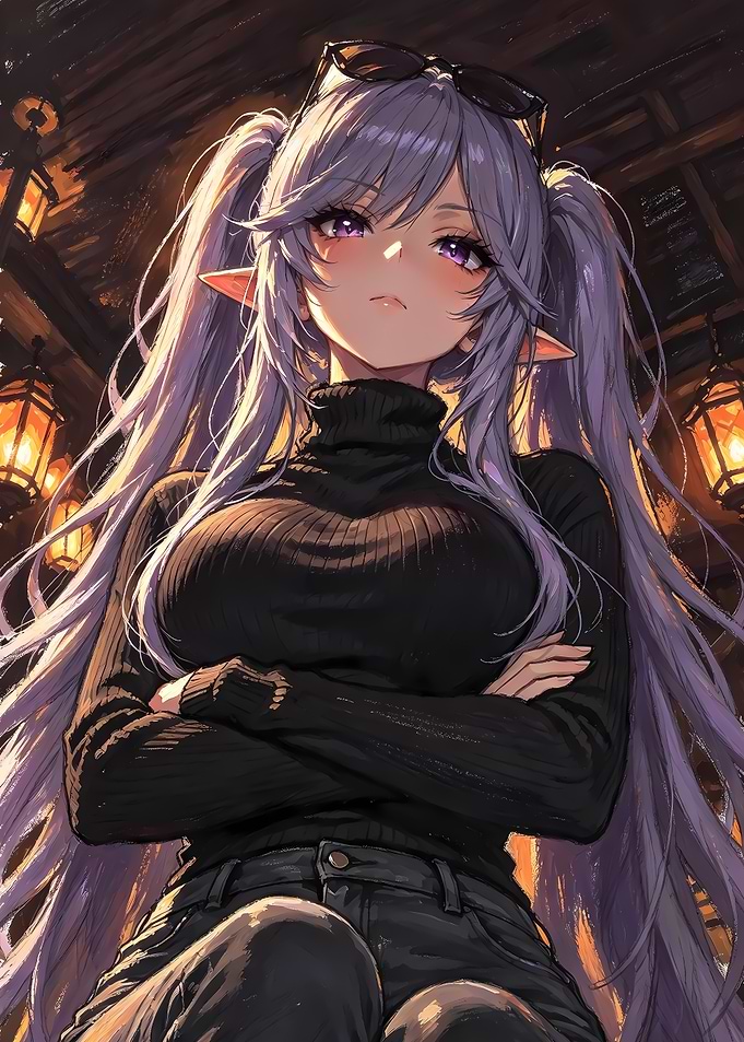 Anime Elf Girl in Black Turtleneck