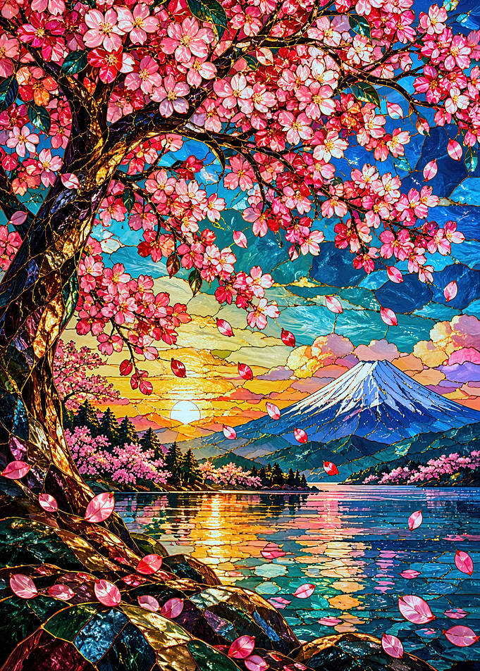 Stained Glass Mount Fuji Cherry Blossoms