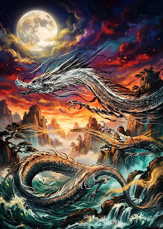 Majestic Dragon Over Misty Mountains