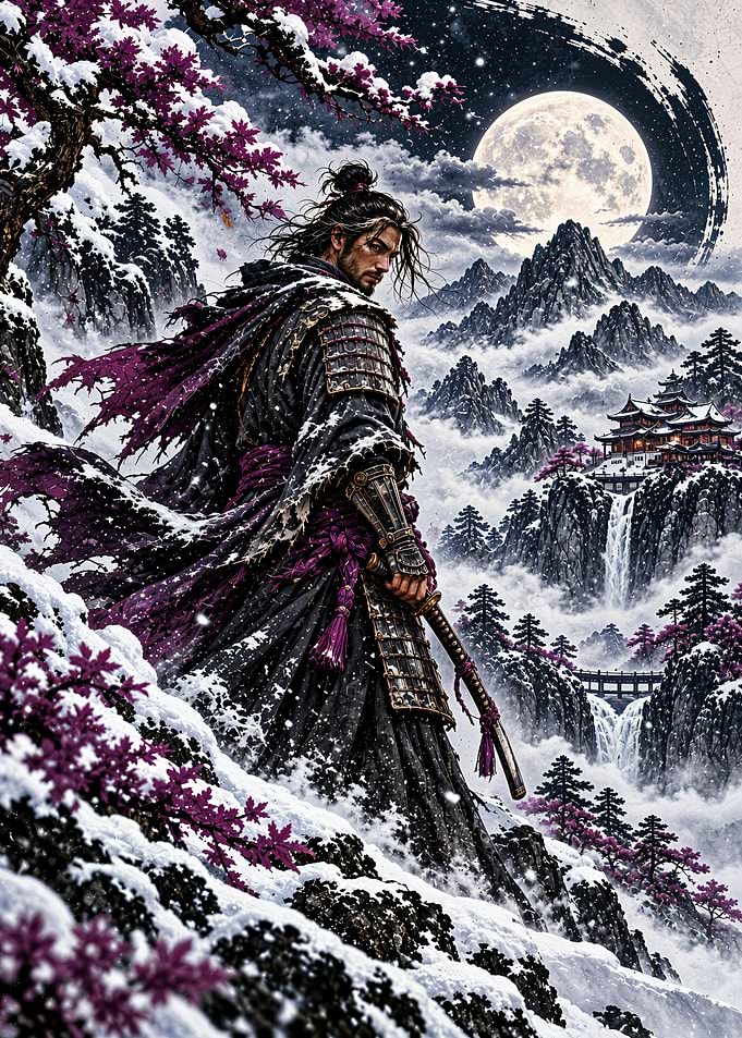 Samurai Warrior in Snowy Mountain Landscape