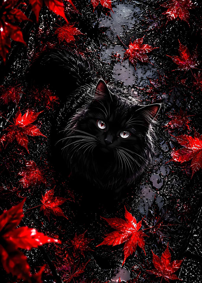 Black Cat Amidst Red Maple Leaves